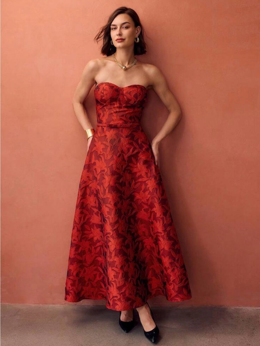 MOTF PREMIUM EMBROIDERY FLORAL PATTERN FLARE HEM BUSTIER TUBE LONG DRESS